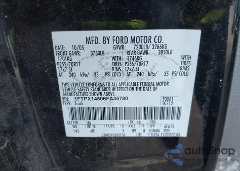2006 Ford F-150 Fx4/Lariat/Xl/Xlt from USA, damaged, VIN 1FTPX14506FA35780